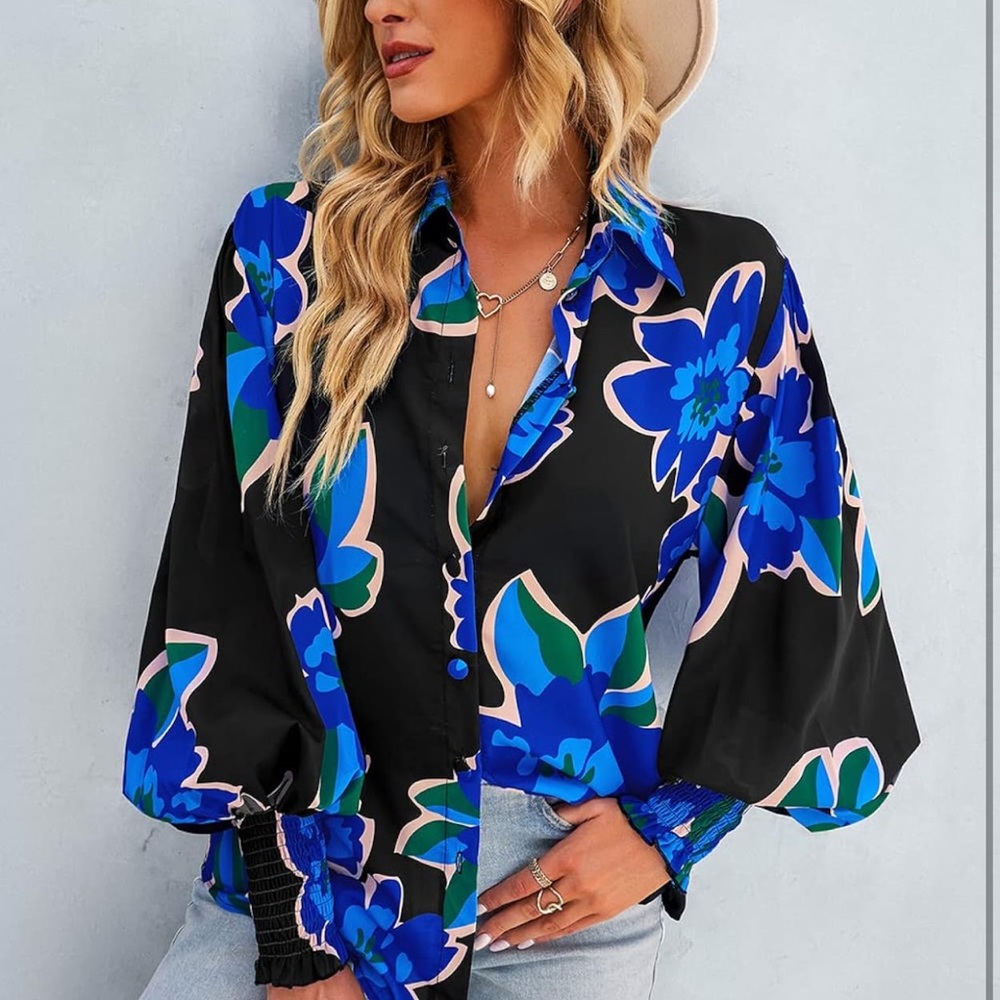 Floral Button-Front Blouse in Black & Blue